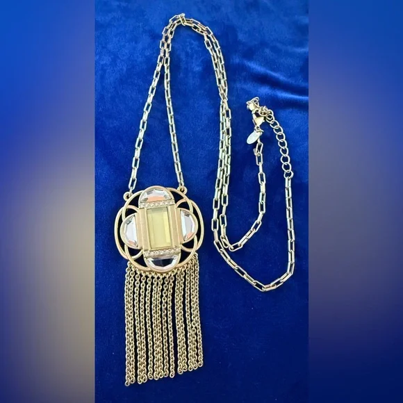 Gold Mirrored Art Deco Fringe Pendant Necklace with Yellow Stone