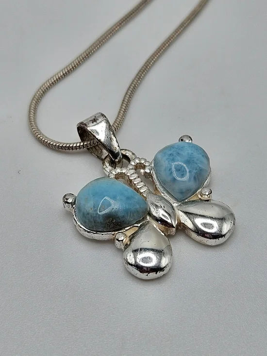 VINTAGE Sterling Silver 925 Larimar Butterfly Pendant Snake Chain Necklace