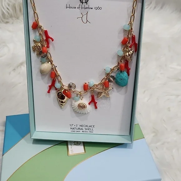 🪸▪️House of Harlow▪️ 1960 Gold and Coral Natural Shell 17in Charm  Necklace