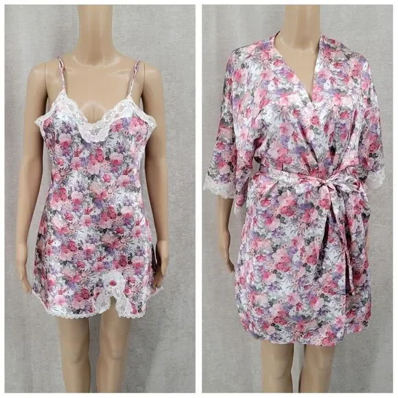 Floral Satin Lace Slip Dress Chemise Negligee and Matching Robe Set Pink