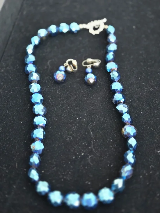 Blue Faceted Mid Century  AB Crystal Necklace and Clip-On Earrings Set