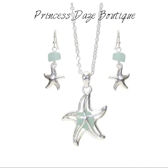 Sea‎ Glass Starfish Pendant Necklace & Earring Set