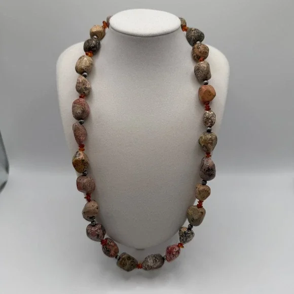 Natural Jasper Carnelian Bead Necklace Earth Tone Chunky Stone Toggle Clasp Boho