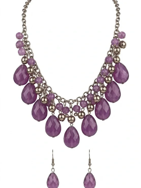 Purple Teardrop Statement Necklace & Earring Set