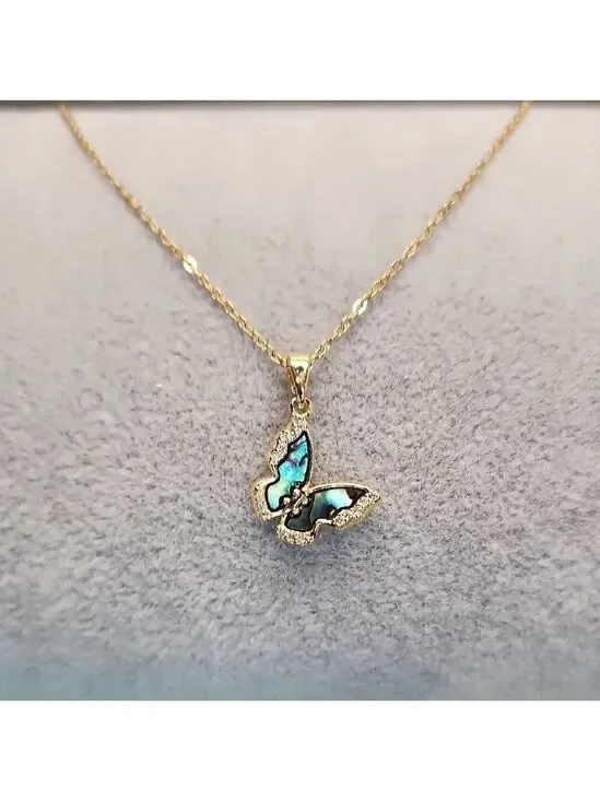 18K Gold Plated Stainless Steel Abalone Inlay Butterfly Pendant and Chain