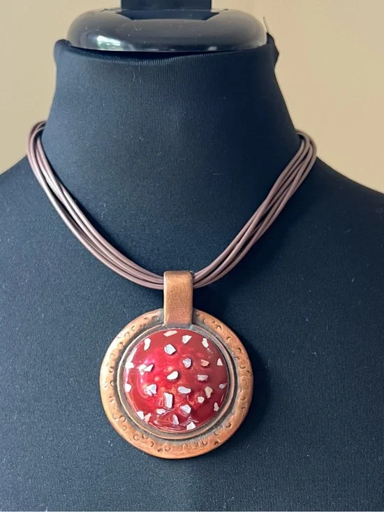 Artisan Copper Red Enamel Pendant Faux Leather Cord 19
