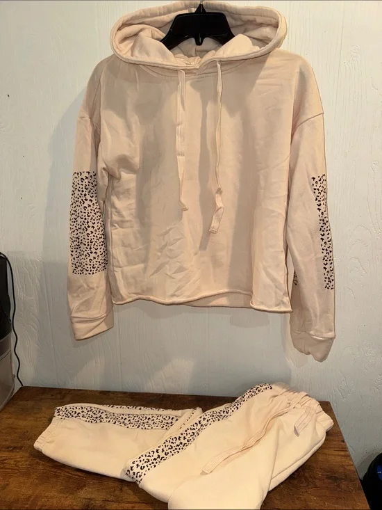 Light Pink Leopard Trim Hoodie & Jogger Set