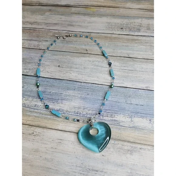 Teal Blue Cat's Eye Heart Crystal‎ Beads Toggle Clasp Necklace Turquoise 20