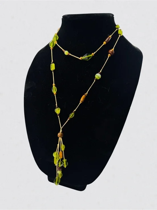 Handmade Glass Lime Green Brown Wood Bead Necklace 38” Boho Dangle Statement