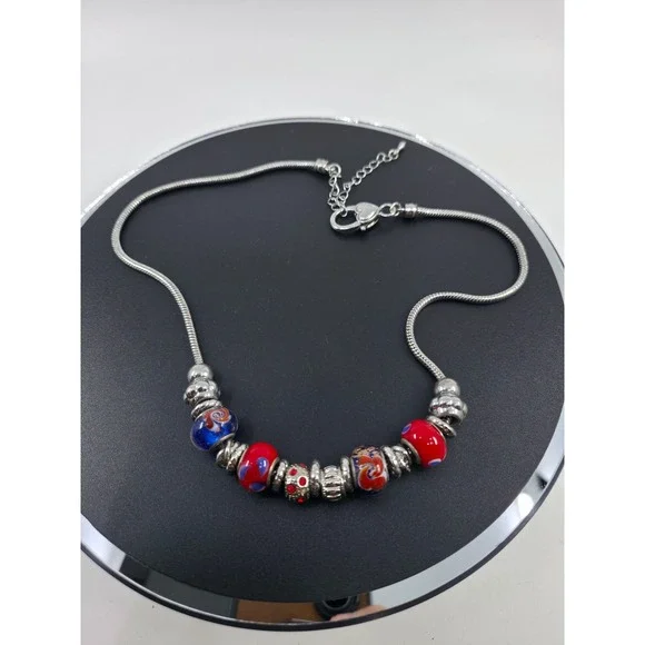 Silver‎ Tone Snake Chain Necklace Murano Style Glass Lampwork Beads Red Blue 18