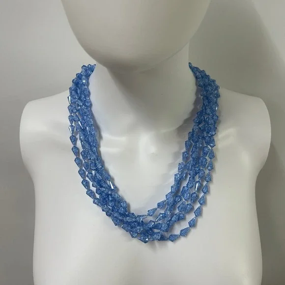 Vintage Multi Strand Beaded Bib Necklace Blue Mermaidcore Coastal Grandma Glam