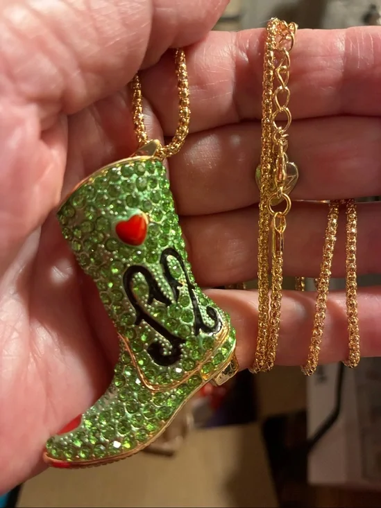 Green Jeweled Cowboy Boot Pendant Necklace