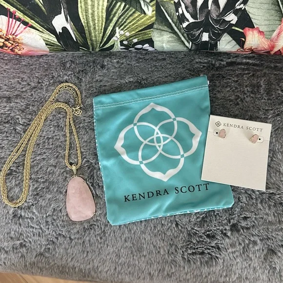 Kendra Scott rose quartz earrings and Sandra necklace set