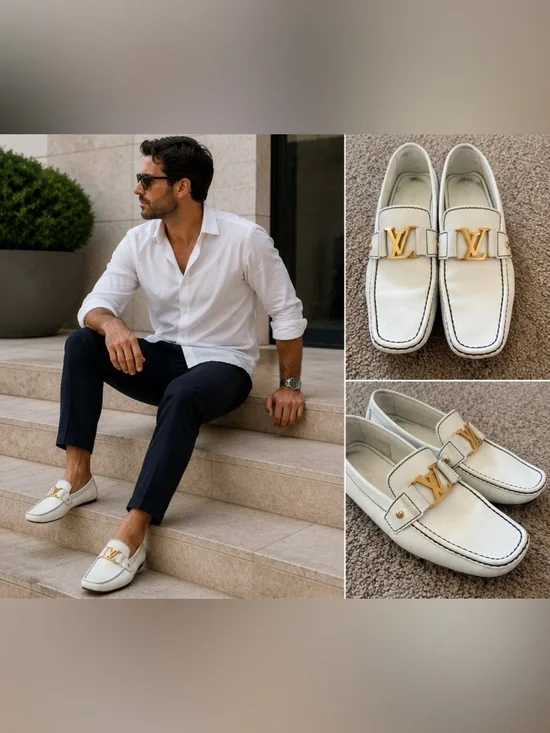 Louis Vuitton White Leather Loafers with Gold LV Hardware