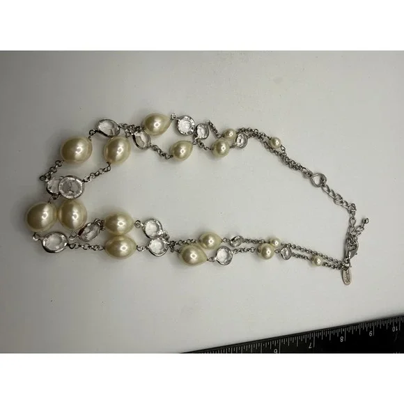 Talbots Silver Tone Faux Pearl and‎ Crystal Double Strand Necklace 18-21 Inch