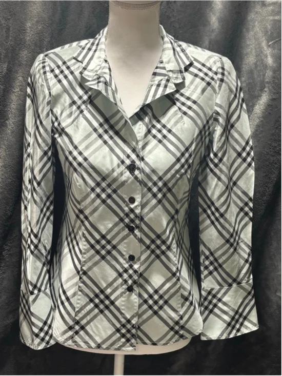 Carlisle Vintage 100% Silk Mint Green Diagonol Plaid Button Up Shirt Size 2 EUC
