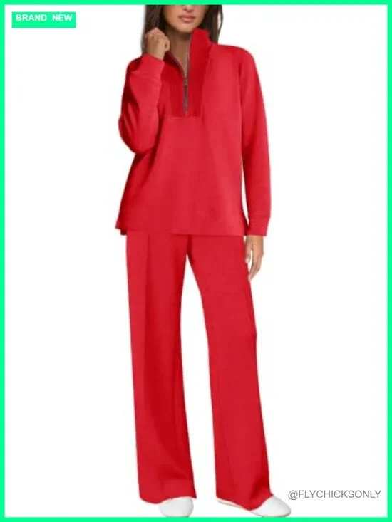 2 Piece Tracksuit Half Zip Sweatsuits Long Sleeve Matching Set Wide Leg Pants