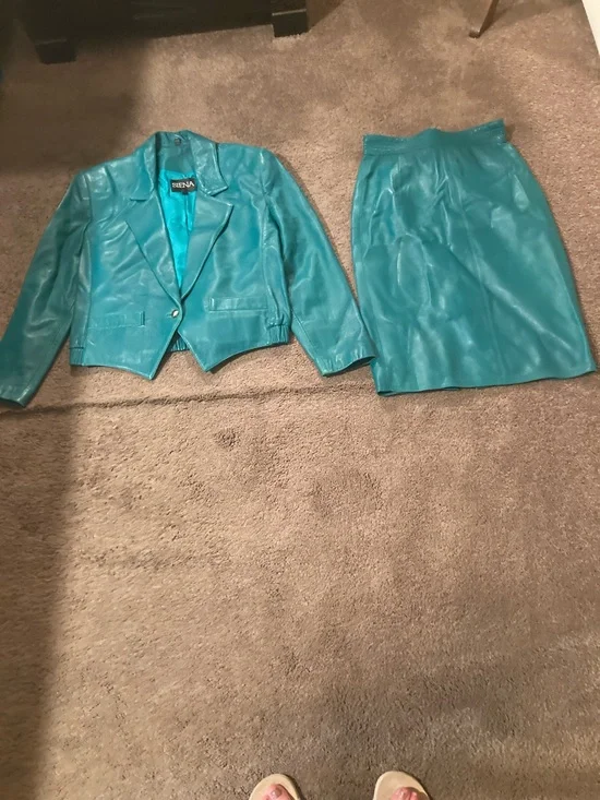 Teal Leather Jacket and Skirt Set