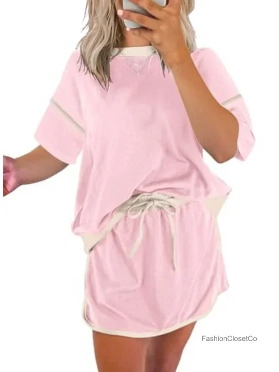 Short Sleeve Top & Drawstring Mini Skirt Lounge Outfit 2 Piece Set
