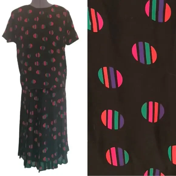 Vintage 70s 80s Polyester Matching Top and Skirt Loose 2 Piece Coord Set Rainbow