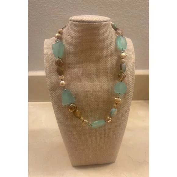 Sterling Silver Chunky‎ Gems & Pearls Necklace 15.5-17.5