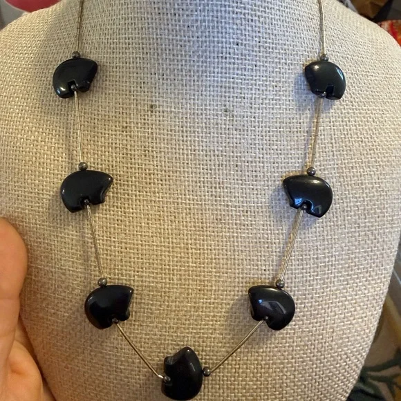 Chic Black Stone 925‎ Sterling Silver Stamped Necklace