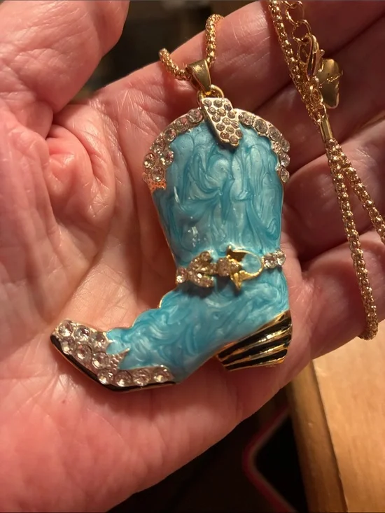 Light blue Cowgirl Boot Pendant Necklace with Rhinestones