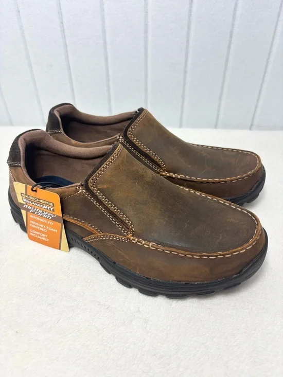 Skechers Brown Leather Upper Loafers USA Braver-‎ Rayland Moc Toe Slip On  NEW