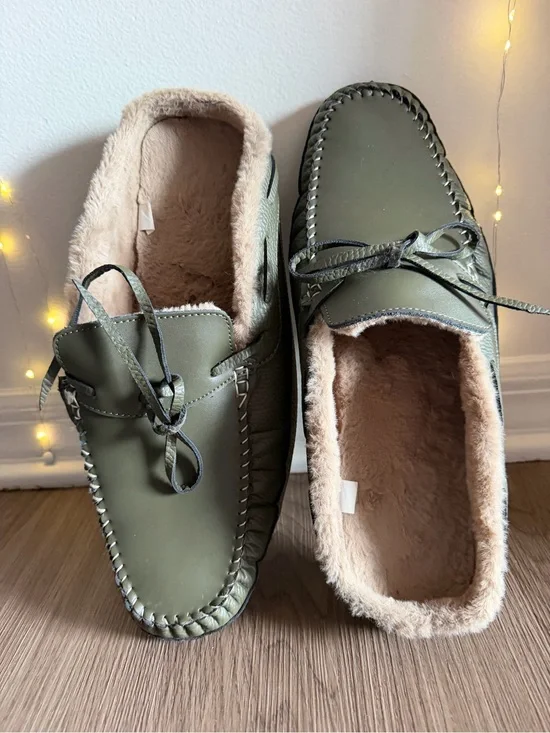 Men's Olive Green Faux-Fur Lined Slip-On Moccasins