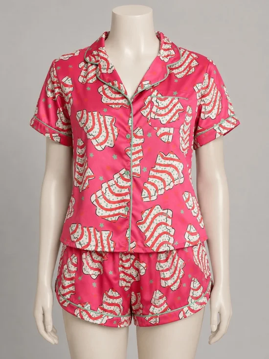 Women's Bright Pink Short Pajama Set Featuring Christmas Tree Cakes