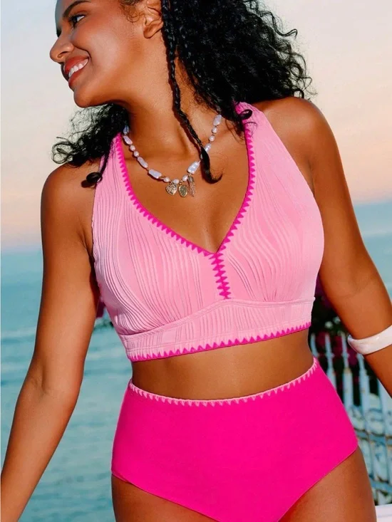 Pink Two-Piece Swim Set with Contrast Trim