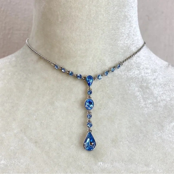 Givenchy Silver Y Necklace with Blue Crystals