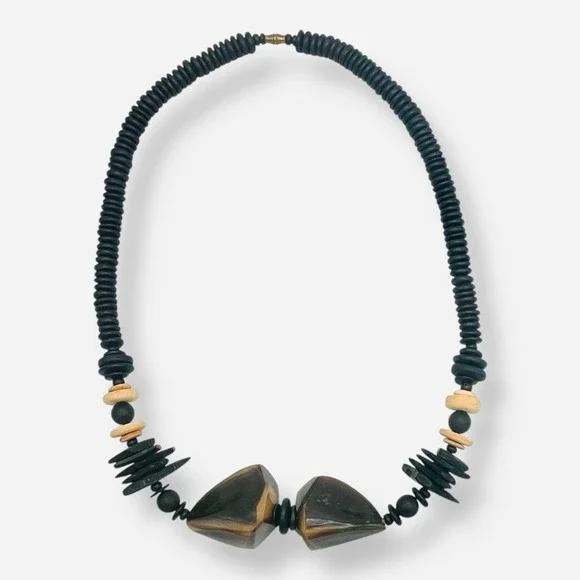 Vintage Chunky Carved Horn Beaded Statement‎ Necklace Gerda Inspired Artsy Boho