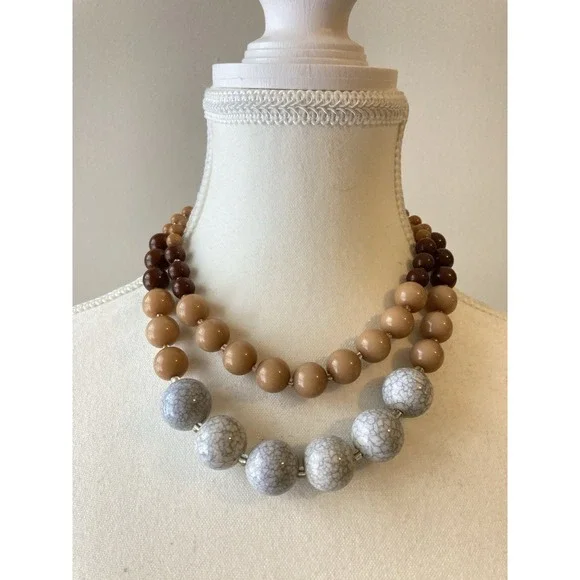 Double Strand Collar Necklace Brown Tan Gray Marbled Beads‎ Chunky Statement