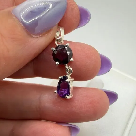 NWOT faceted‎ 7mm garnet and pear cut 8x5mm amethyst pendant in sterling silver!