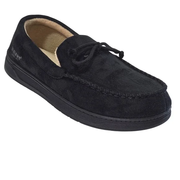 Isotoner Mens Microsuede Moccasin Slippers Black Faux Fur Lined 98024 Sz LG 10