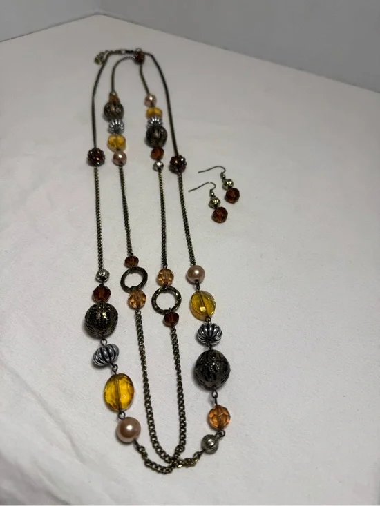 Boho Multi Strand Beaded Necklace & Earring Set Earth Tone Bronze Amber