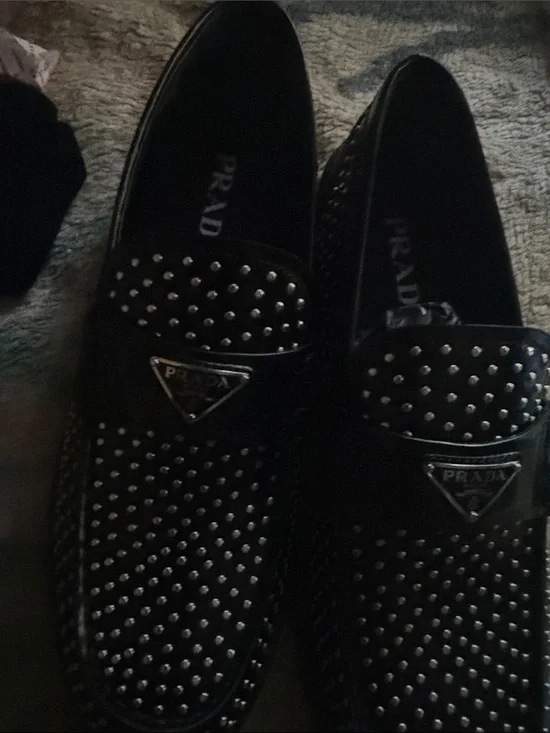 Prada Black Studded Leather Slip-On Loafers