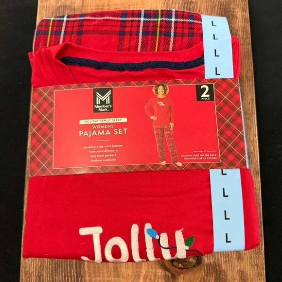 Member's Mark Womens Pajama Set Red Jolly Crew Plaid Holiday L 12-14 MM728559