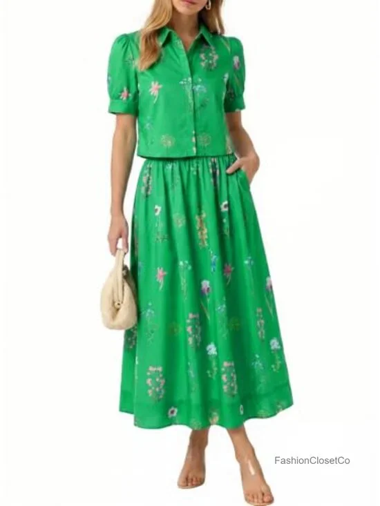 Womens 2 Piece Floral Skirt Set Puff Sleeve Blouse Elastic Waist Matching