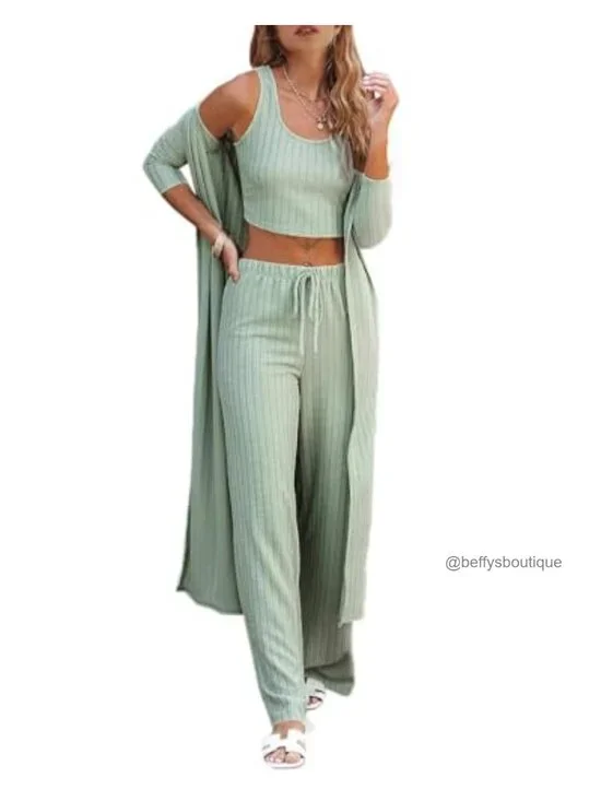 3 Piece Lounge Pajama Set Vest Top Wide Leg Pants Long Cardigan Travel Matching