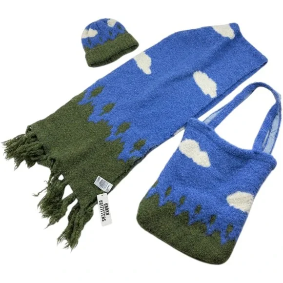 Urban Outfitters Cloud Landscape Knit Scarf Beanie Tote Bag Set Blue Green New