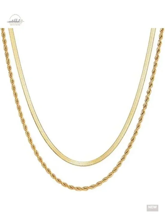 18K Gold Plated Herringbone Necklace Set of 2, Layered Flat Snake Chain Choker,