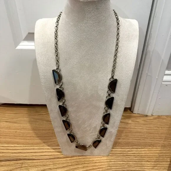 Cold Water Creek half circle brown gems gold long statement necklace