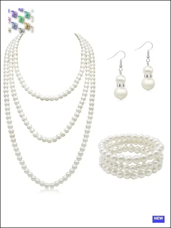 Faux Pearl Strand Necklace Set with Bracelet and Earrings 69 inch