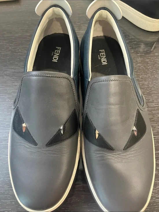Fendi Black Leather Slip-On Loafers with Eye Motif