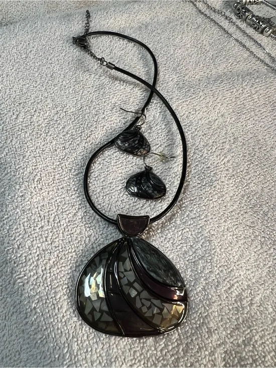 Statement Purple and Iridescent Shell Pendant Necklace and Earrings Set