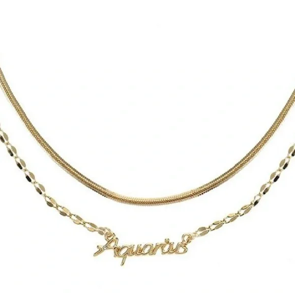 NWT Aquarius Zodiac Necklace 2 Piece Layered Gold Tone Chains w Crystal Accent