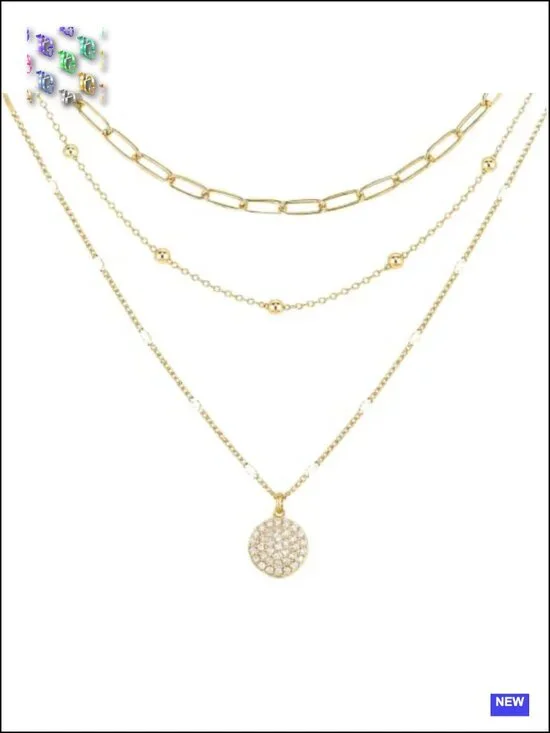3 Piece Layered Necklace Set - Paperclip, Satellite & CZ Pendant - 14K Gold