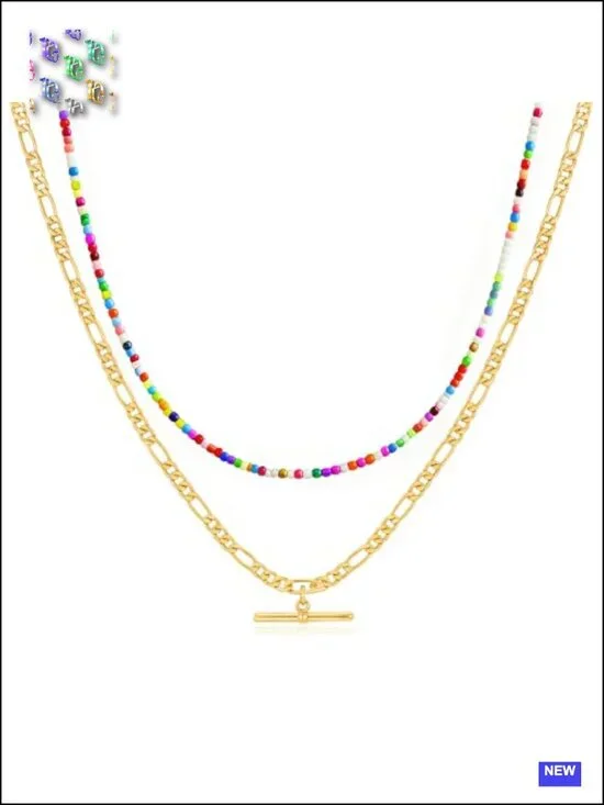 Seed Beaded Layered Necklace Set 14K Gold Plated Figaro Chain Bar Pendant